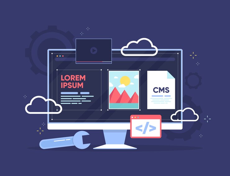 Vetor grátis design plano cms em tela transparente com aplicativos