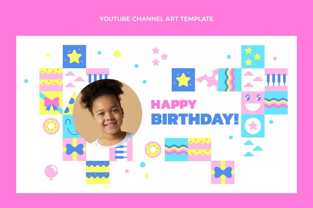 Vetor grátis design plano da arte do canal do youtube de aniversário em mosaico