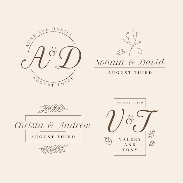 Vetor grátis design plano da coleção de logotipos de casamento