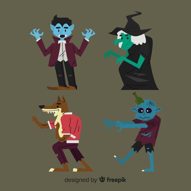 Vetor grátis design plano de coleção de personagens de halloween