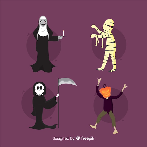 Vetor grátis design plano de coleção de personagens do halloween