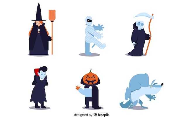 Vetor grátis design plano de coleção de personagens do halloween