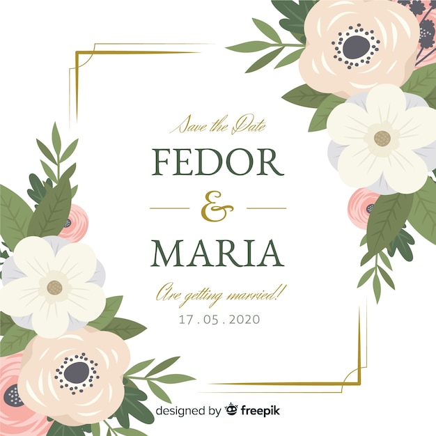 Vetor grátis design plano de convite de casamento moldura floral