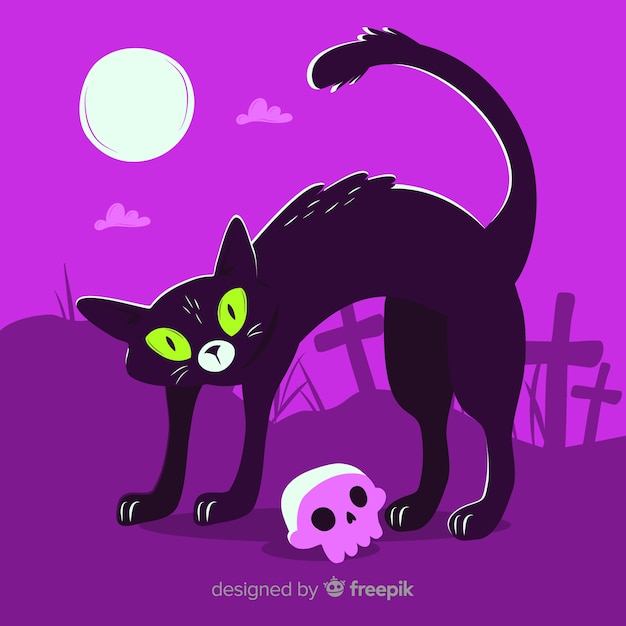 Vetor grátis design plano de gato preto sary halloween