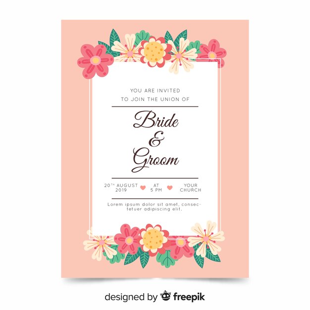 Design plano de modelo de convite de casamento floral