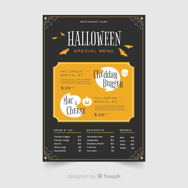 Vetor grátis design plano de modelo de menu de halloween