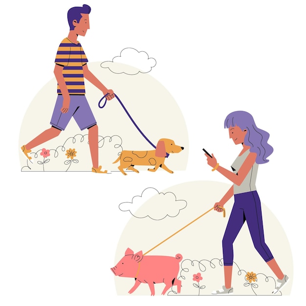 Design plano pessoas passeando com animais de estimação