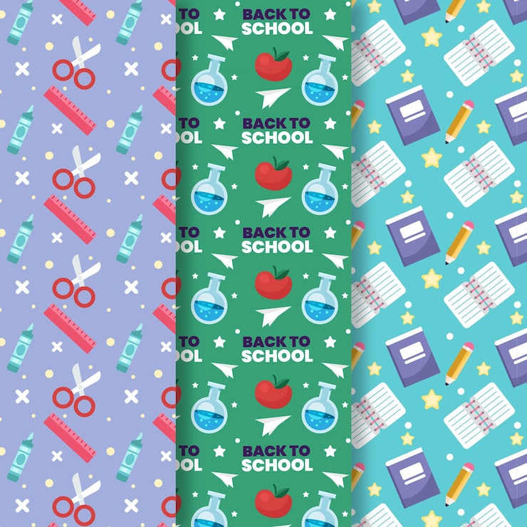 Vetor grátis design plano volta para coleção de padrão de escola