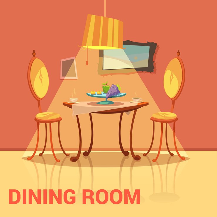 Vetor grátis design retro de sala de jantar com cadeiras de mesa e desenho de imagens