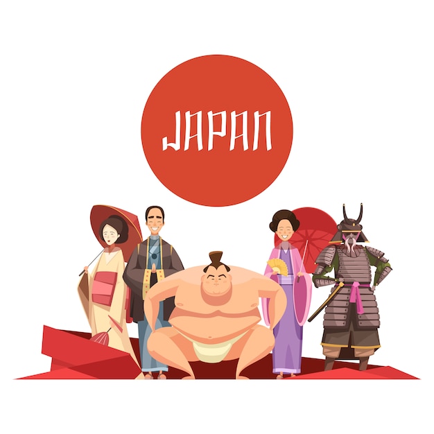 Vetor grátis design retro dos desenhos animados de pessoas japonesas com o homem e as mulheres no lutador de sumo de samurai de vestuário nacional