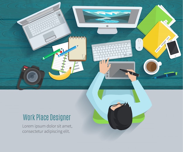 Designer de local de trabalho plana com vista superior mulher em gadgets de mesa e design