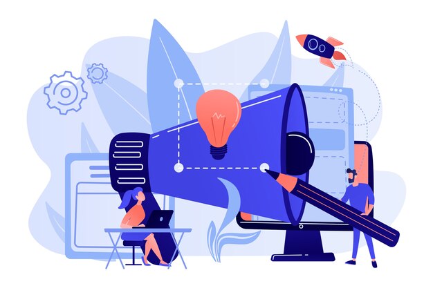 Designers trabalham em uma nova marca e um grande megafone. Identidade da marca e logotipo, cartão de visita, propaganda e conceito de design gráfico em fundo branco.