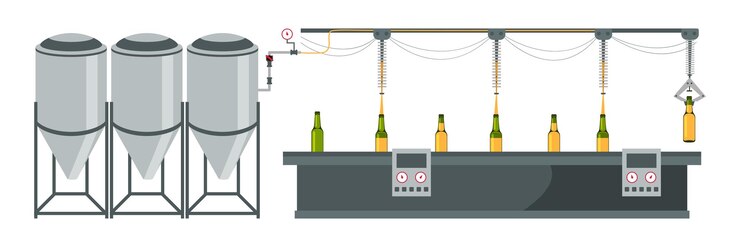 Vetor grátis destilaria fábrica de cerveja processo automatizado de fabricação de cerveja máquinas de fabricação de cerveja equipamento moderno de fábrica de álcool tanques de ebulição garrafas lager na indústria de álcool transportador