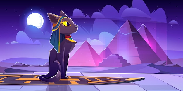 Deusa egípcia Bastet no deserto com antigas pirâmides à noite. Ilustração em vetor dos desenhos animados do sagrado gato preto e paisagem com túmulos de faraó no Egito, lua e estrelas no céu