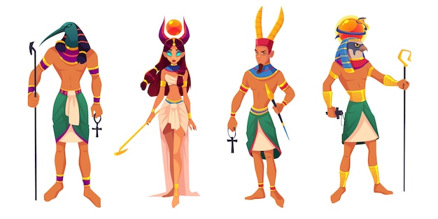 Deuses egípcios Amon, Ra, Thoth, Hathor. Divindades do antigo Egito e criaturas mitológicas com atributos religiosos