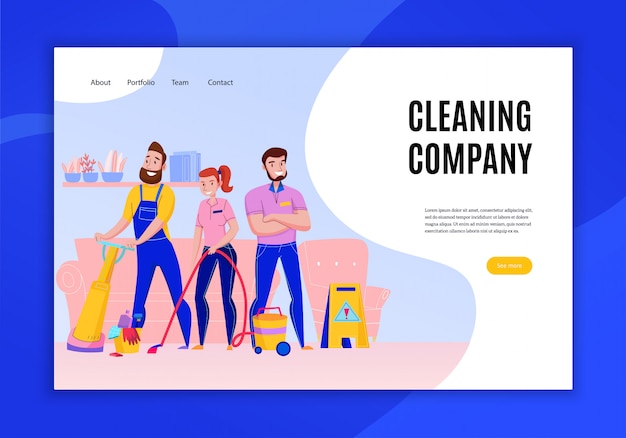 Deveres de serviço da empresa profissional de limpeza oferece conceito banner de site home page plana com ilustração de aspirar pessoal