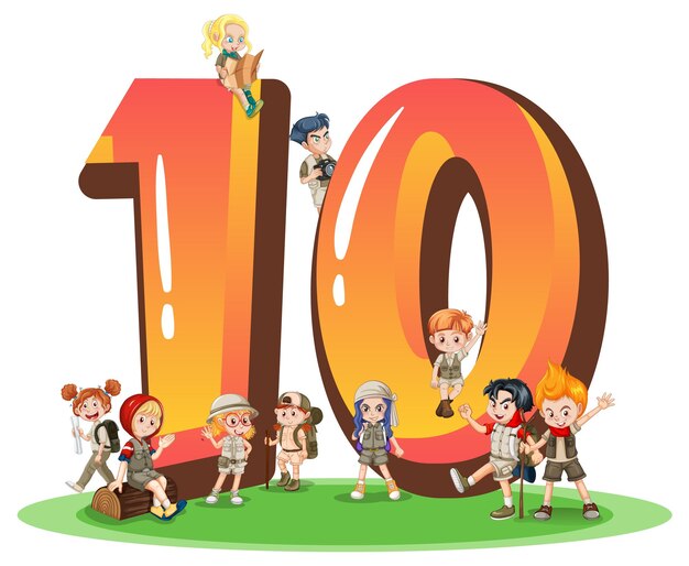 Dez crianças com desenho animado número dez