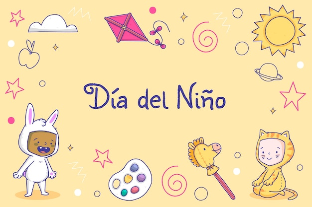 Vetor grátis dia das crianças desenhado à mão em fundo espanhol