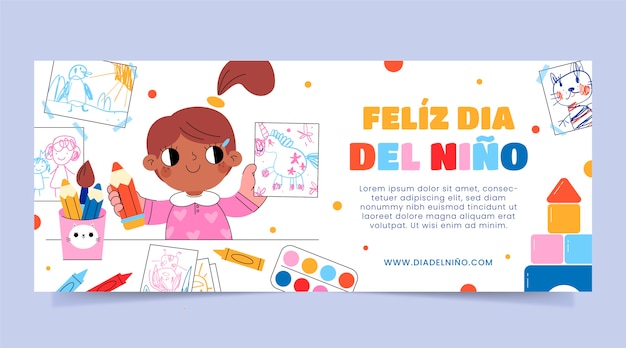 Dia das crianças plana em banner horizontal espanhol