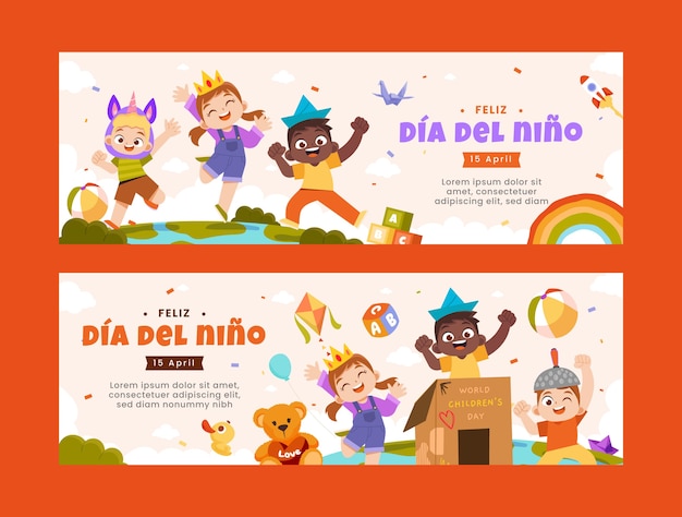 Dia das crianças plana em conjunto de bandeiras horizontais espanholas