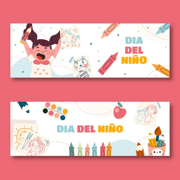 Dia das crianças plana em conjunto de bandeiras horizontais espanholas