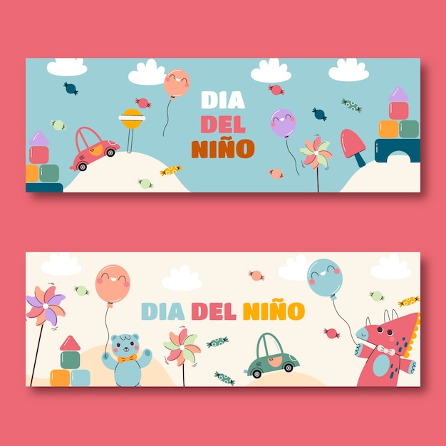 Dia das crianças plana em conjunto de bandeiras horizontais espanholas