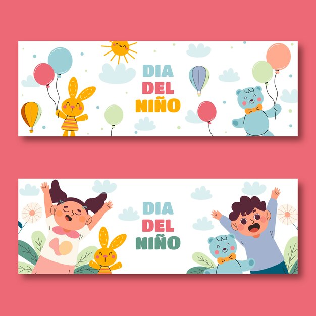 Dia das crianças plana em conjunto de bandeiras horizontais espanholas