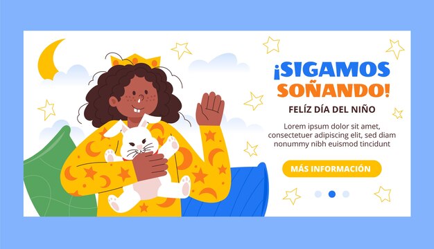 Dia das crianças plana no modelo de banner horizontal espanhol