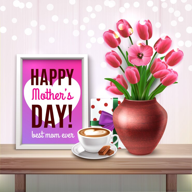 Vetor grátis dia das mães colorido composição com buquê de tulipas presente xícara de café e melhor mãe já elogia ilustração