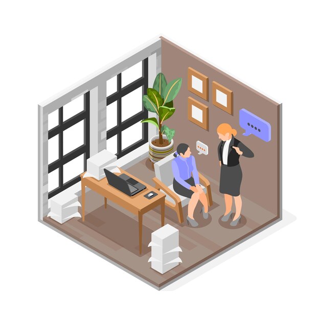 Dia de azar na composição isométrica do escritório com duas funcionárias tendo uma conversa desagradável ilustração em vetor 3d