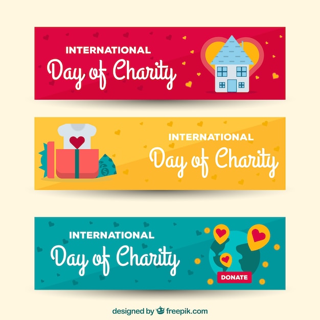 Vetor grátis dia de caridade conjunto de três banners com elementos em design plano