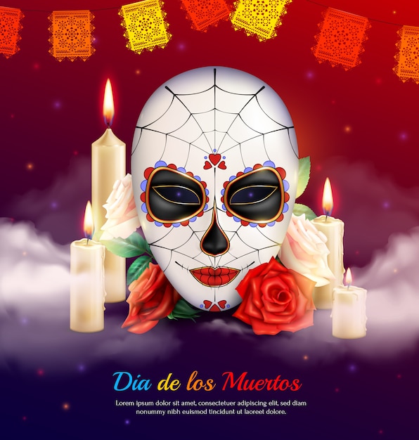 Vetor grátis dia de feriado mexicano de composição realista morta com velas de máscara assustadora e rosas