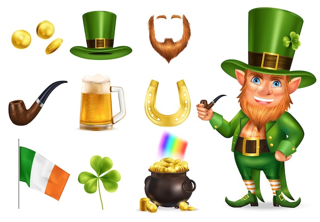 Dia de São Patrício conjunto realista de duende em pote de chapéu verde com tesouros trevo ferradura ícones de bandeira irlandesa isolado ilustração vetorial