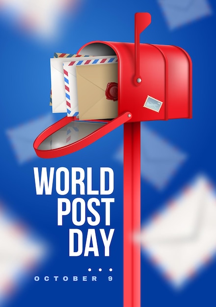 Vetor grátis dia do correio mundial realista com grande caixa de correio vermelha de manchete branca e ilustração vetorial de cartaz de fundo desfocado