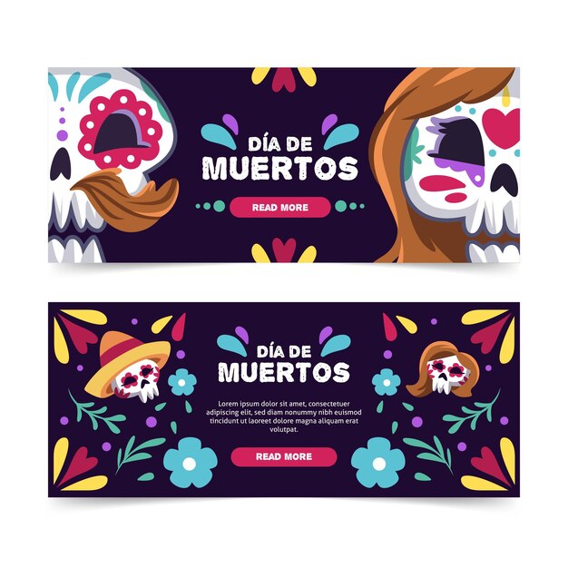 Dia dos mortos design plano de banners