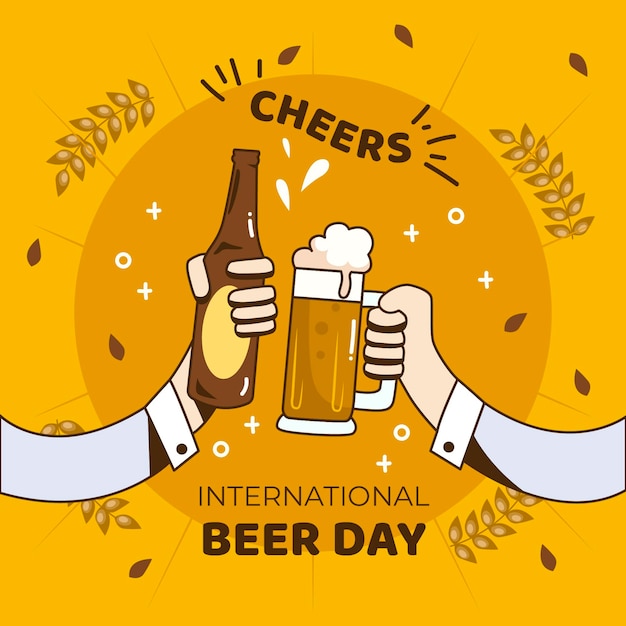 Vetor grátis dia internacional da cerveja com pessoas segurando uma caneca e garrafa