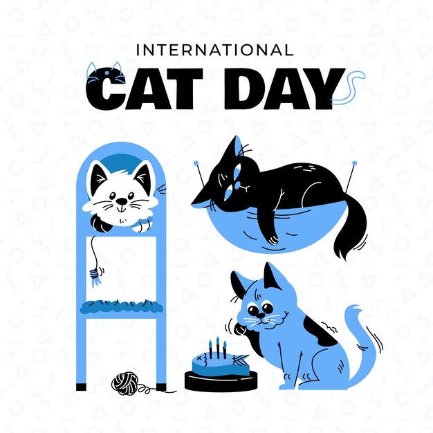 Dia internacional do gato ilustração plana desenhada à mão