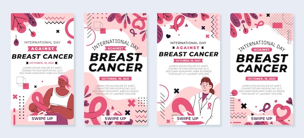 Vetor grátis dia internacional plano desenhado à mão contra a coleção de histórias do instagram de câncer de mama