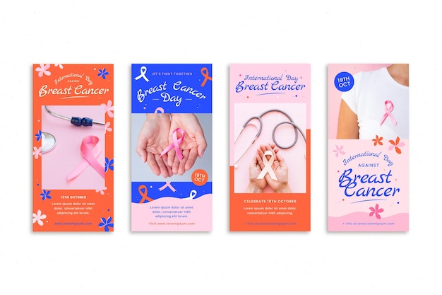Dia internacional plano desenhado à mão contra a coleção de histórias do instagram de câncer de mama