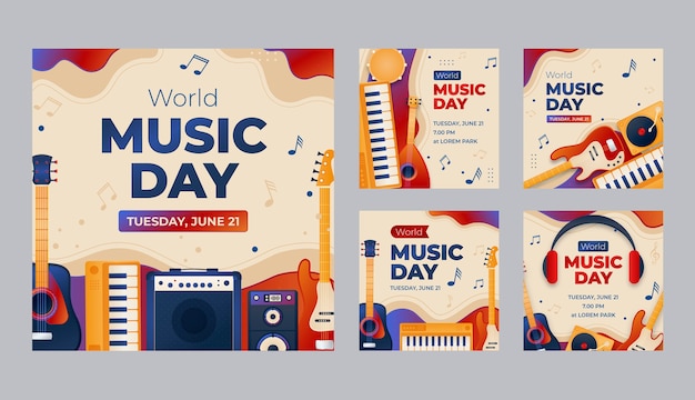 Vetor grátis dia mundial da música com coleção de postagens do instagram de instrumentos
