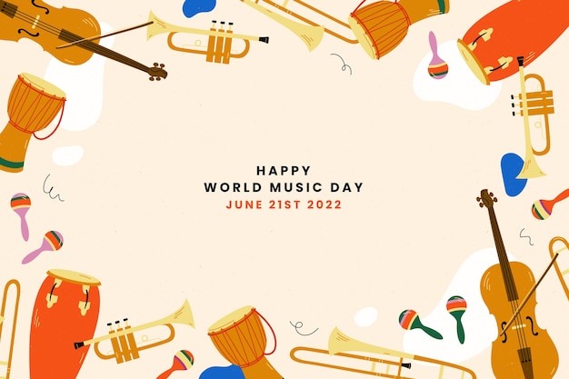 Dia mundial da música fundo desenhado à mão com instrumentos