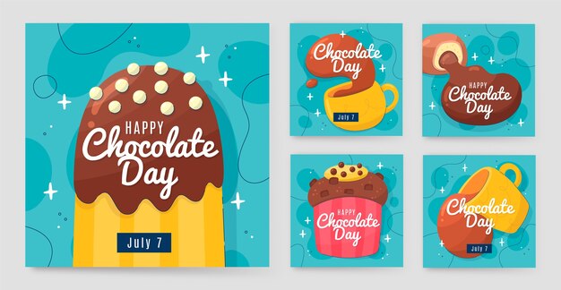 Dia mundial do chocolate coleção de post de ig plana desenhada à mão