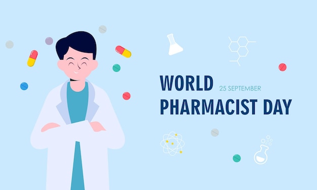 Dia mundial do farmacêutico. conceito de logotipo médico e pílulas