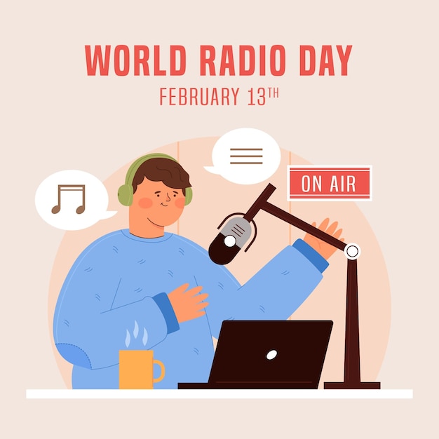 Dia mundial do rádio desenhado à mão plana