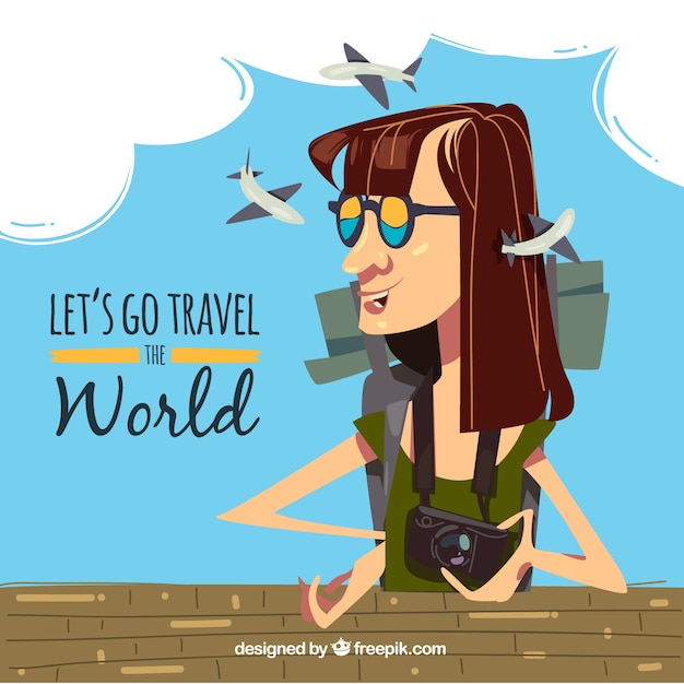 Vetor grátis dia mundial do turismo, uma mulher viajando pelo mundo