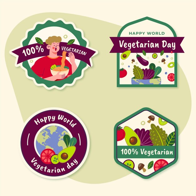 Dia mundial do vegetariano coleção de etiquetas planas desenhadas à mão