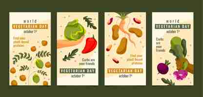 Vetor grátis dia mundial do vegetariano conjunto de histórias de ig plana desenhadas à mão
