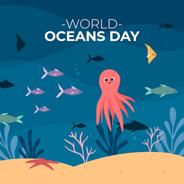 Dia mundial dos oceanos com peixes e polvos