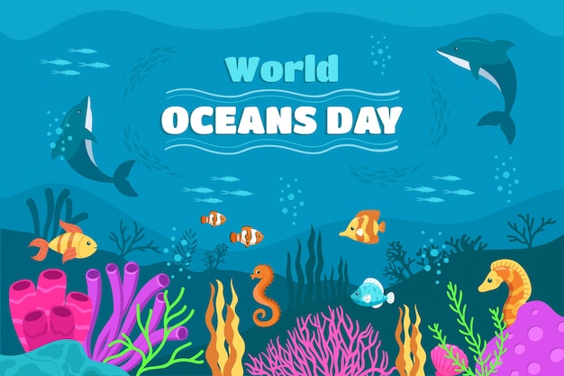 Dia mundial dos oceanos fundo plano desenhado à mão