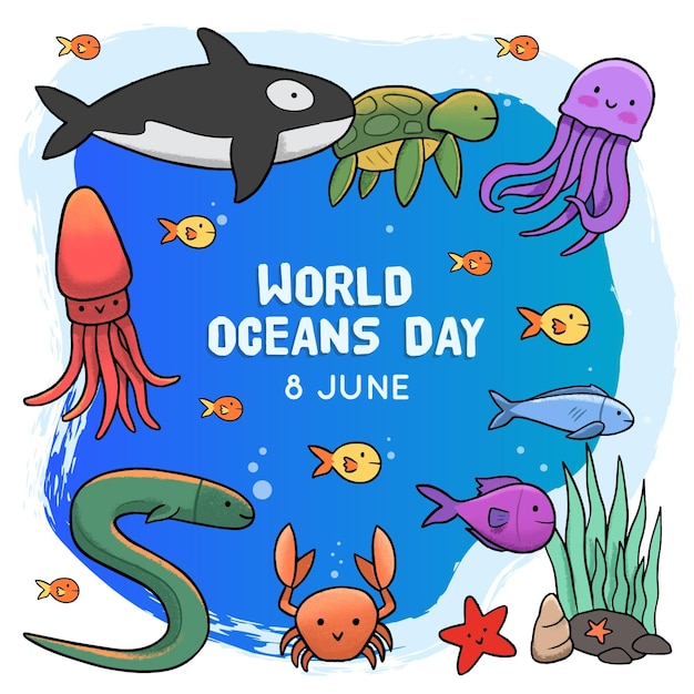 Dia mundial dos oceanos mão desenhada